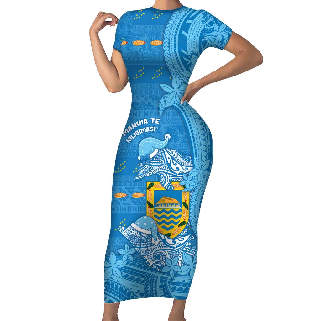 Tuvalu Christmas Family Matching Short Sleeve Bodycon Dress and Hawaiian Shirt Dolphins Santa Xmas Tribal Waves - Polynesian Pride