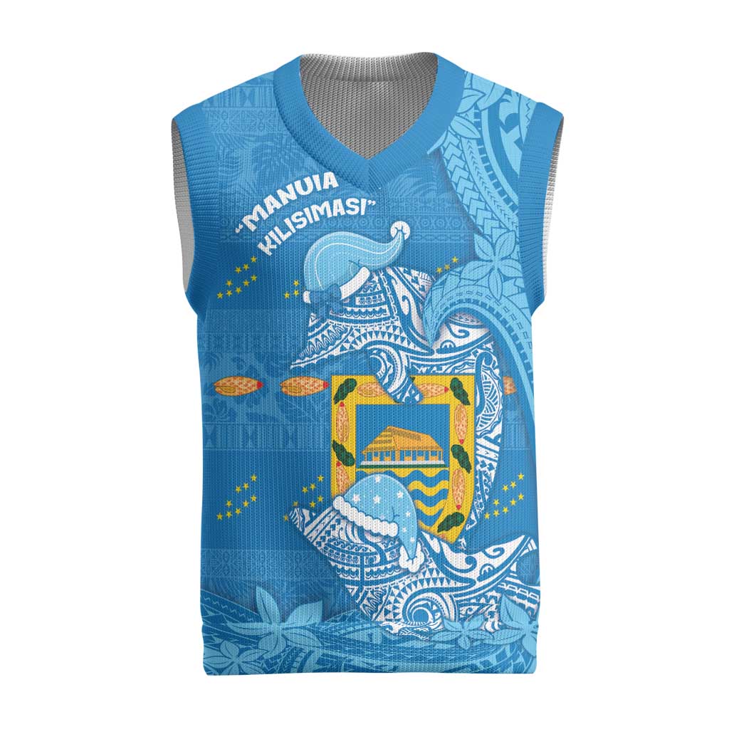 Tuvalu Christmas Knitted V-Neck Vest Dolphins Santa Xmas Tribal Waves - Polynesian Pride