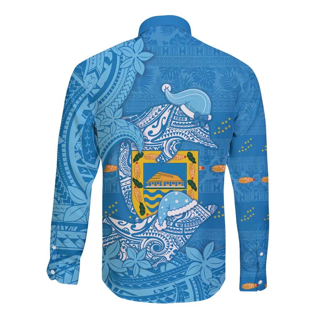 Tuvalu Christmas Long Sleeve Button Shirt Dolphins Santa Xmas Tribal Waves - Polynesian Pride