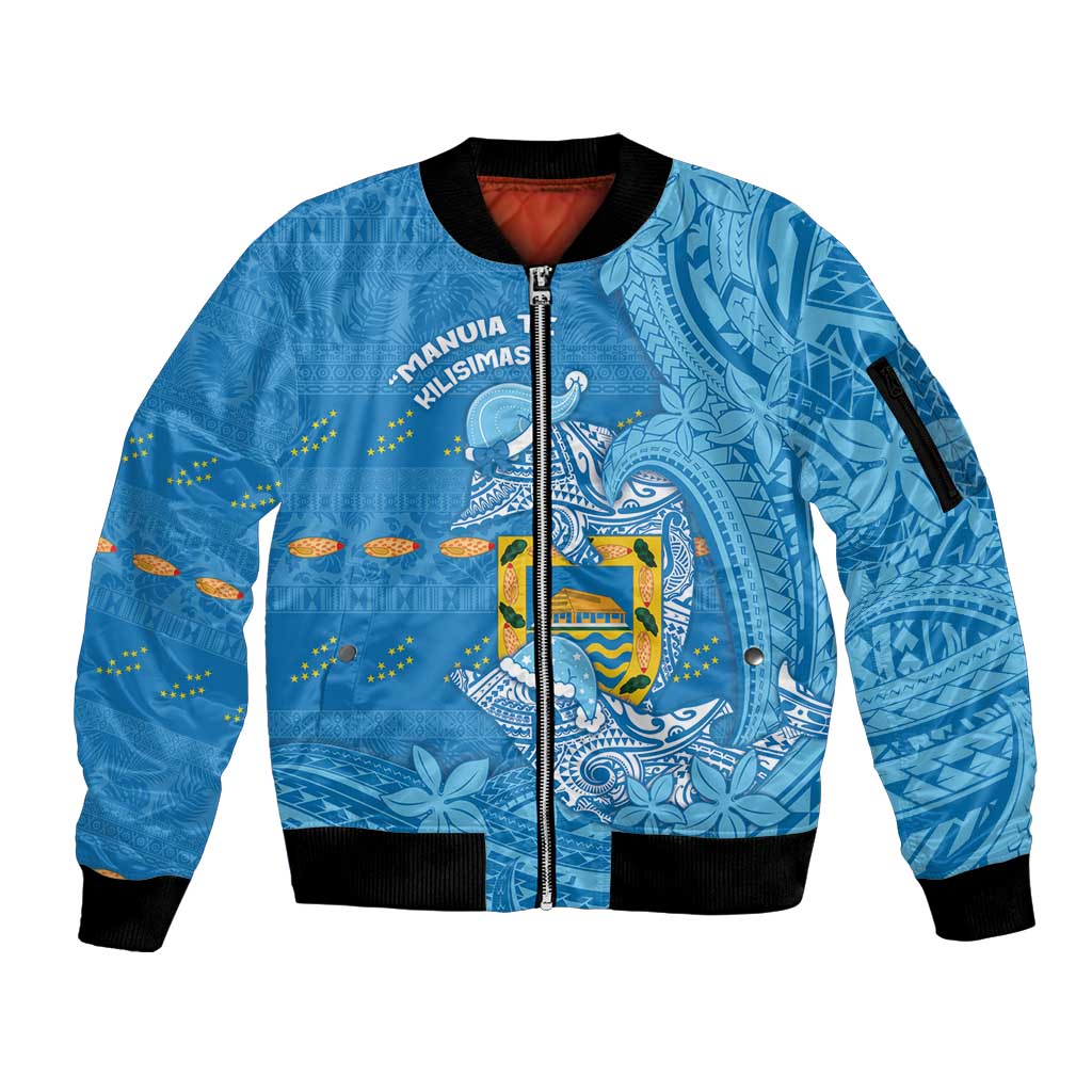 Tuvalu Christmas Sleeve Zip Bomber Jacket Dolphins Santa Xmas Tribal Waves - Polynesian Pride