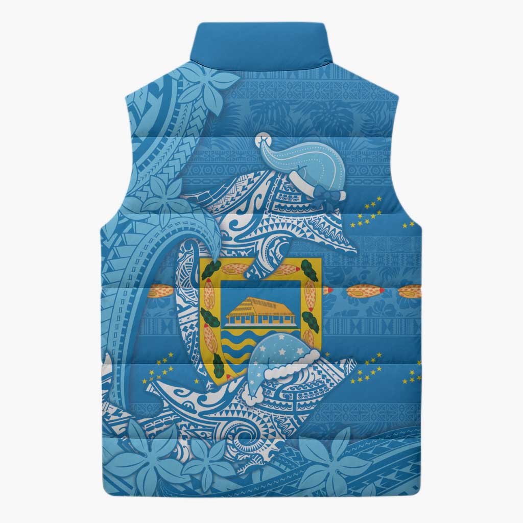 Tuvalu Christmas Sleeveless Puffer Jacket Dolphins Santa Xmas Tribal Waves - Polynesian Pride