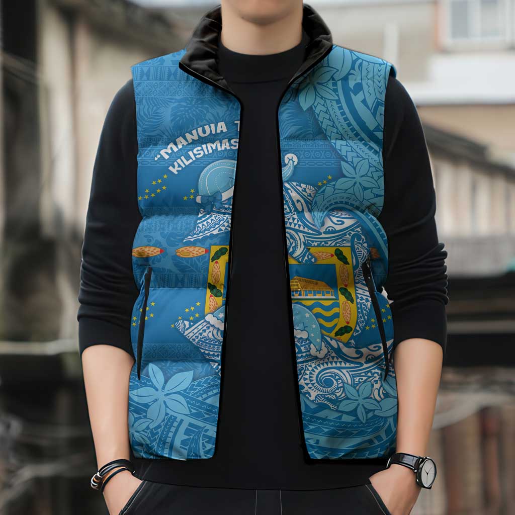 Tuvalu Christmas Sleeveless Puffer Jacket Dolphins Santa Xmas Tribal Waves - Polynesian Pride