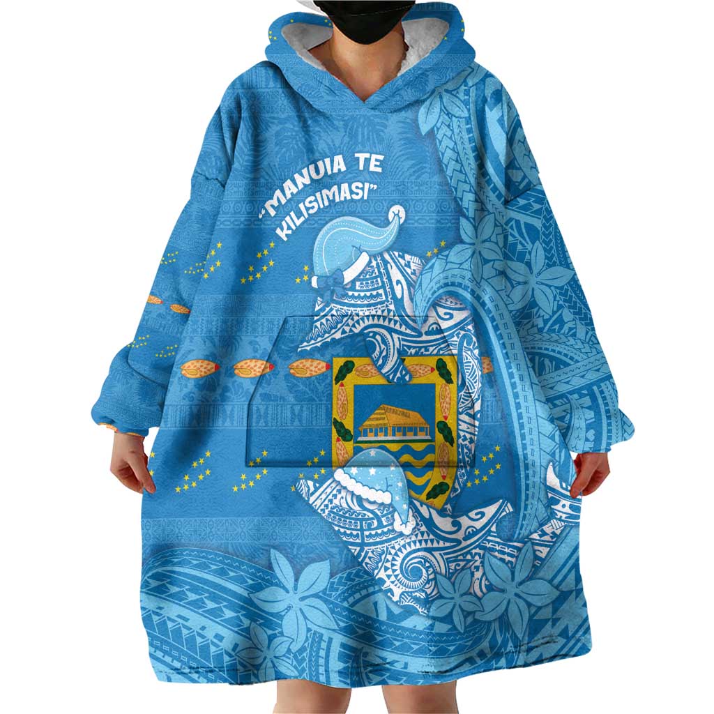 Tuvalu Christmas Wearable Blanket Hoodie Dolphins Santa Xmas Tribal Waves - Polynesian Pride