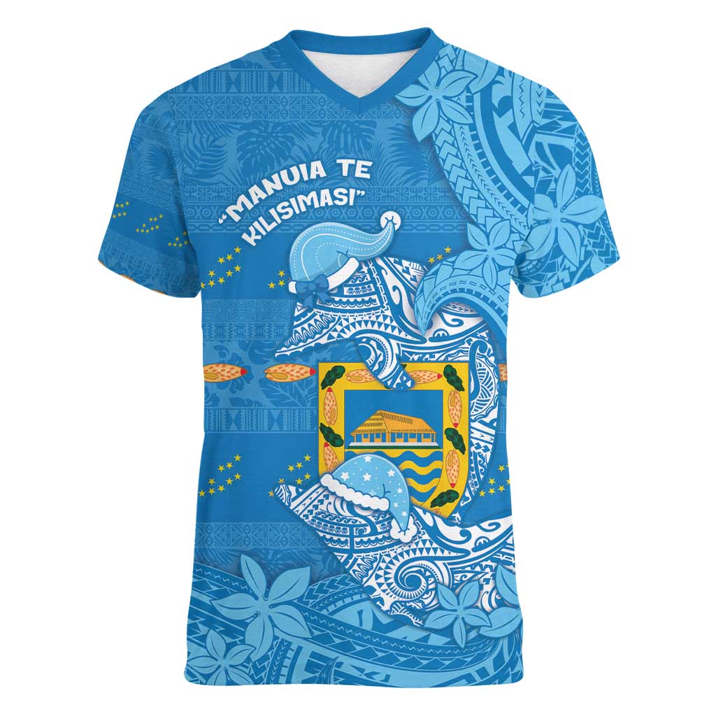Tuvalu Christmas Women V-Neck T-Shirt Dolphins Santa Xmas Tribal Waves - Polynesian Pride