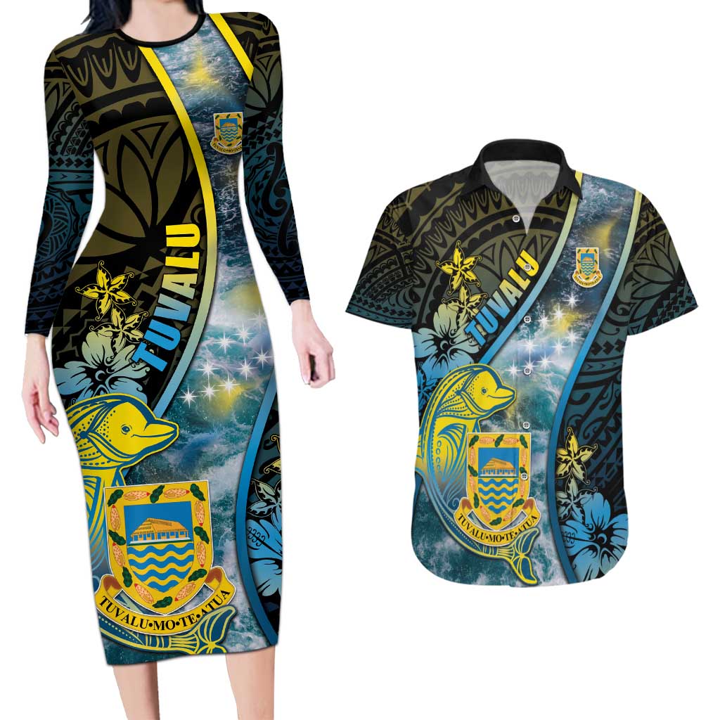 Personalised Tuvalu Couples Matching Long Sleeve Bodycon Dress and Hawaiian Shirt Dolphin On The Waves DT05 Blue - Polynesian Pride