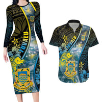 Personalised Tuvalu Couples Matching Long Sleeve Bodycon Dress and Hawaiian Shirt Dolphin On The Waves DT05 Blue - Polynesian Pride