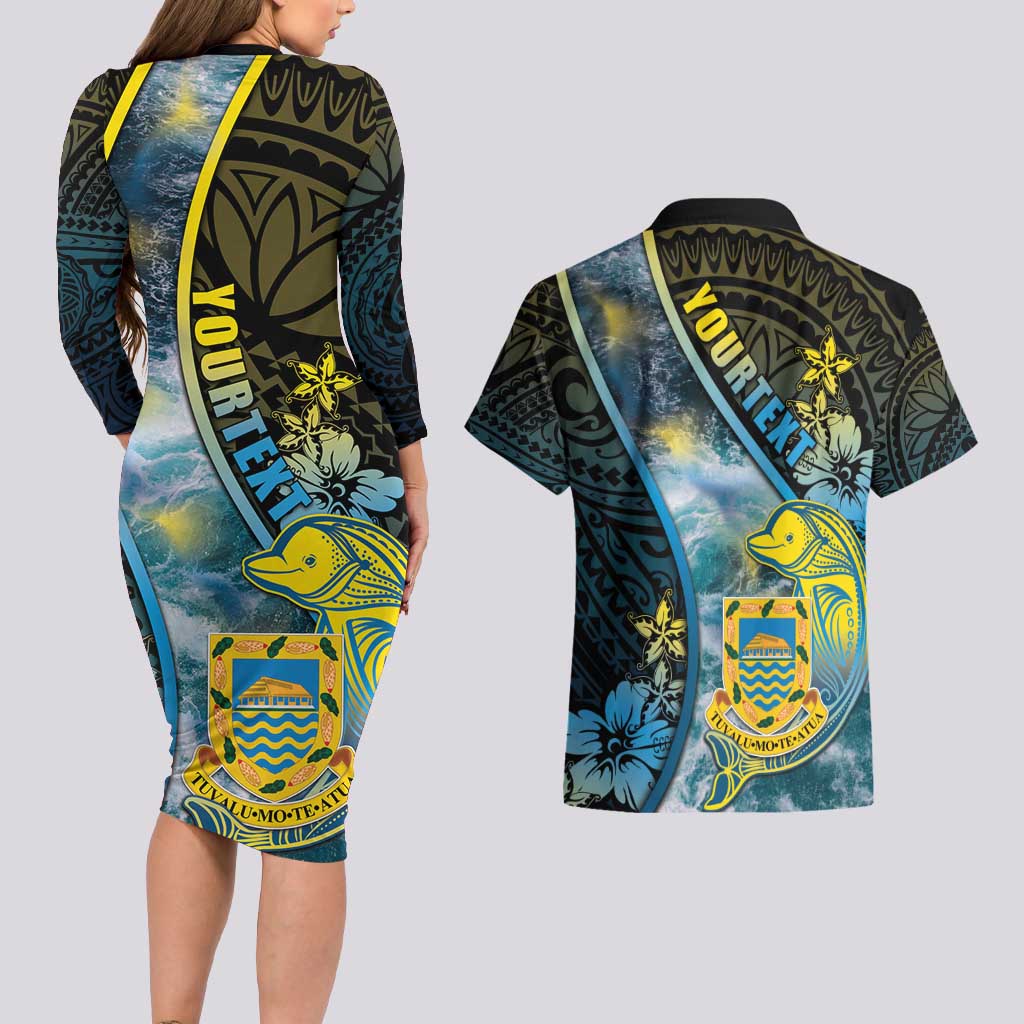 Personalised Tuvalu Couples Matching Long Sleeve Bodycon Dress and Hawaiian Shirt Dolphin On The Waves DT05 - Polynesian Pride