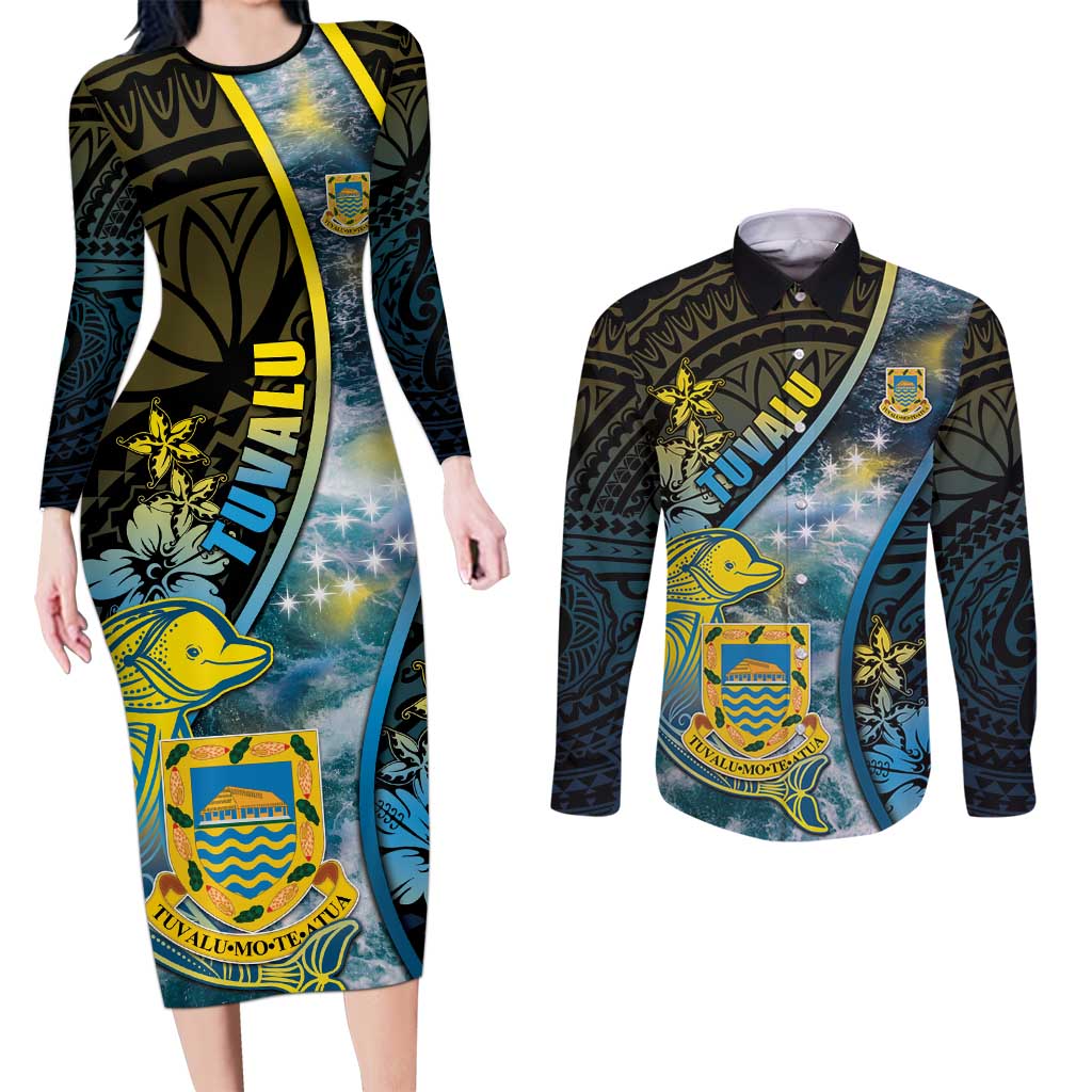 Personalised Tuvalu Couples Matching Long Sleeve Bodycon Dress and Long Sleeve Button Shirt Dolphin On The Waves DT05 Blue - Polynesian Pride