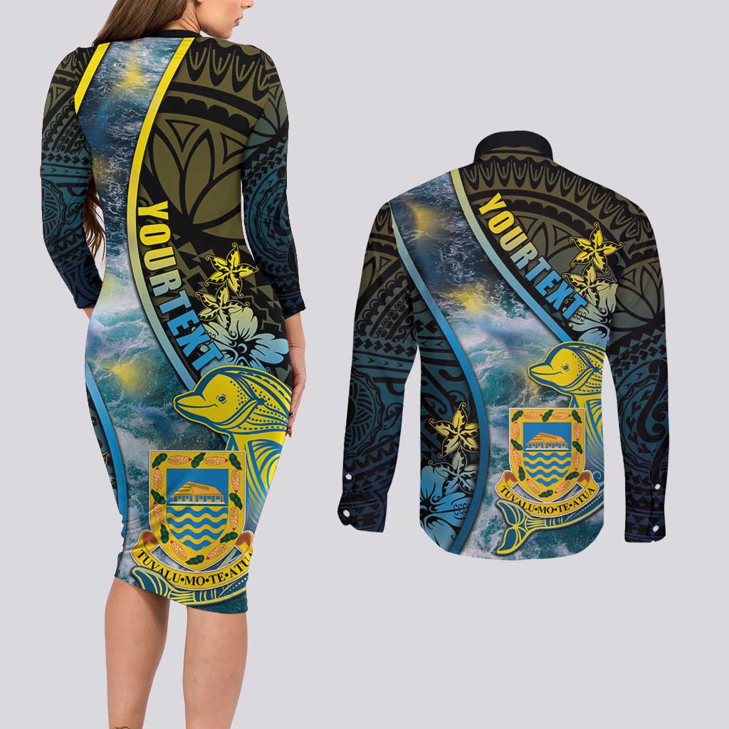 Personalised Tuvalu Couples Matching Long Sleeve Bodycon Dress and Long Sleeve Button Shirt Dolphin On The Waves DT05 - Polynesian Pride