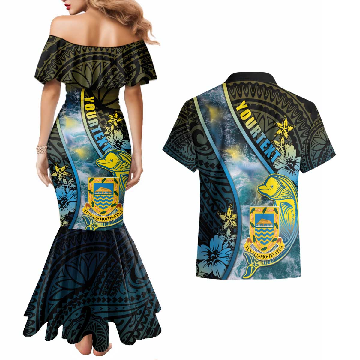 Personalised Tuvalu Couples Matching Mermaid Dress and Hawaiian Shirt Dolphin On The Waves DT05 - Polynesian Pride
