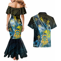 Personalised Tuvalu Couples Matching Mermaid Dress and Hawaiian Shirt Dolphin On The Waves DT05 - Polynesian Pride