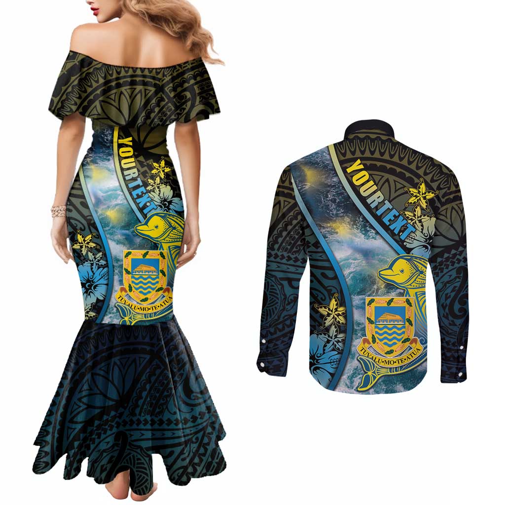 Personalised Tuvalu Couples Matching Mermaid Dress and Long Sleeve Button Shirt Dolphin On The Waves DT05 - Polynesian Pride