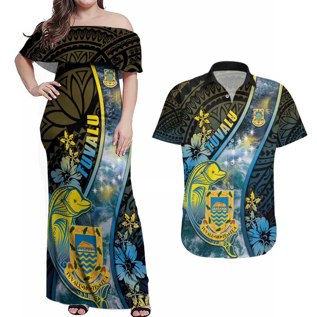 Personalised Tuvalu Couples Matching Off Shoulder Maxi Dress and Hawaiian Shirt Dolphin On The Waves DT05 Blue - Polynesian Pride