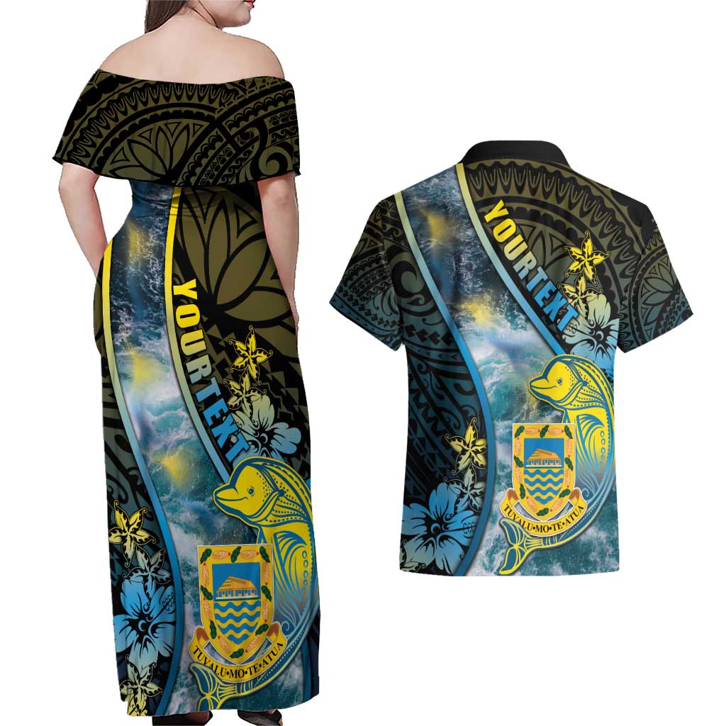 Personalised Tuvalu Couples Matching Off Shoulder Maxi Dress and Hawaiian Shirt Dolphin On The Waves DT05 - Polynesian Pride