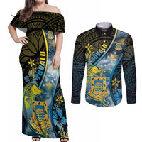 Personalised Tuvalu Couples Matching Off Shoulder Maxi Dress and Long Sleeve Button Shirt Dolphin On The Waves DT05 Blue - Polynesian Pride