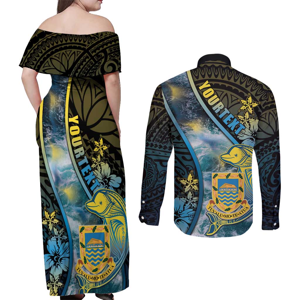Personalised Tuvalu Couples Matching Off Shoulder Maxi Dress and Long Sleeve Button Shirt Dolphin On The Waves DT05 - Polynesian Pride