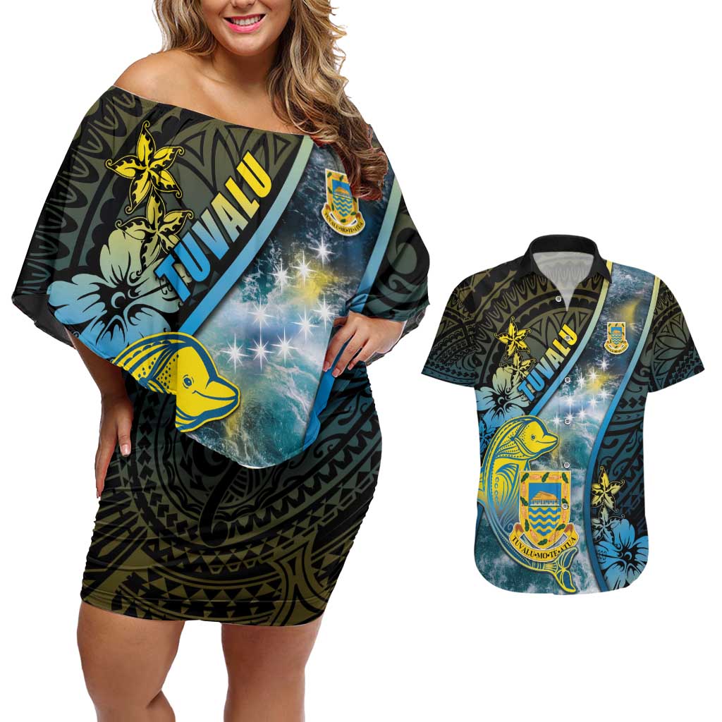 Personalised Tuvalu Couples Matching Off Shoulder Short Dress and Hawaiian Shirt Dolphin On The Waves DT05 Blue - Polynesian Pride