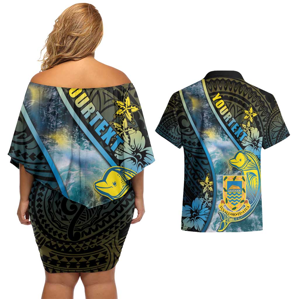 Personalised Tuvalu Couples Matching Off Shoulder Short Dress and Hawaiian Shirt Dolphin On The Waves DT05 - Polynesian Pride