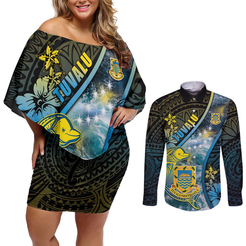 Personalised Tuvalu Couples Matching Off Shoulder Short Dress and Long Sleeve Button Shirt Dolphin On The Waves DT05 Blue - Polynesian Pride
