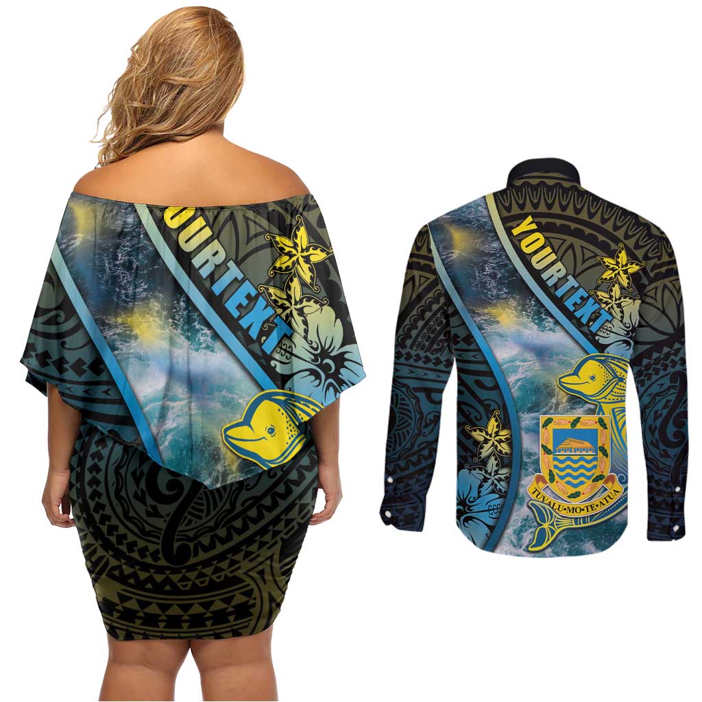 Personalised Tuvalu Couples Matching Off Shoulder Short Dress and Long Sleeve Button Shirt Dolphin On The Waves DT05 - Polynesian Pride