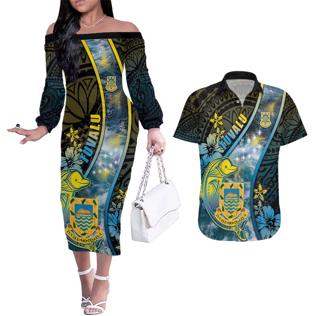 Personalised Tuvalu Couples Matching Off The Shoulder Long Sleeve Dress and Hawaiian Shirt Dolphin On The Waves DT05 Blue - Polynesian Pride