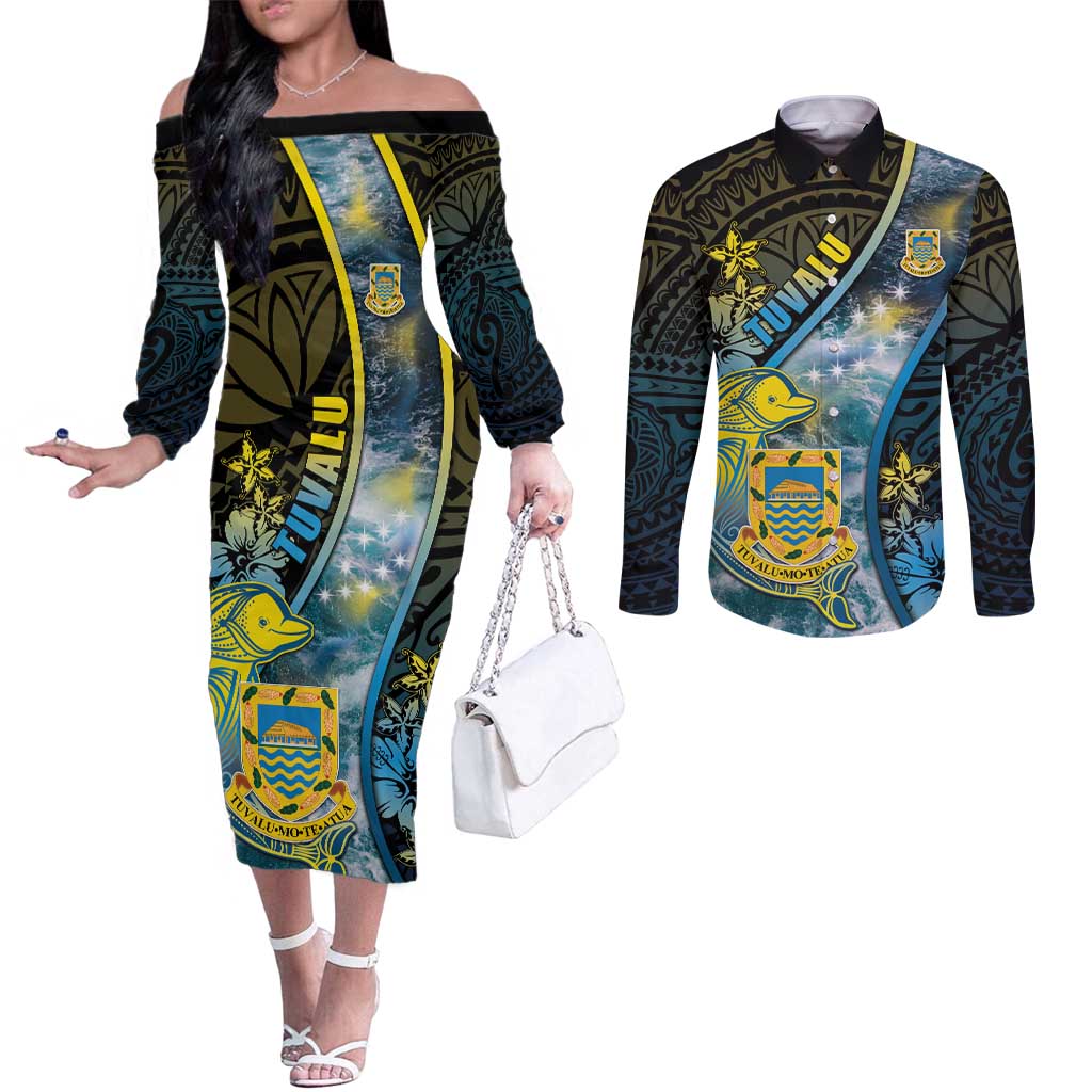 Personalised Tuvalu Couples Matching Off The Shoulder Long Sleeve Dress and Long Sleeve Button Shirt Dolphin On The Waves DT05 Blue - Polynesian Pride