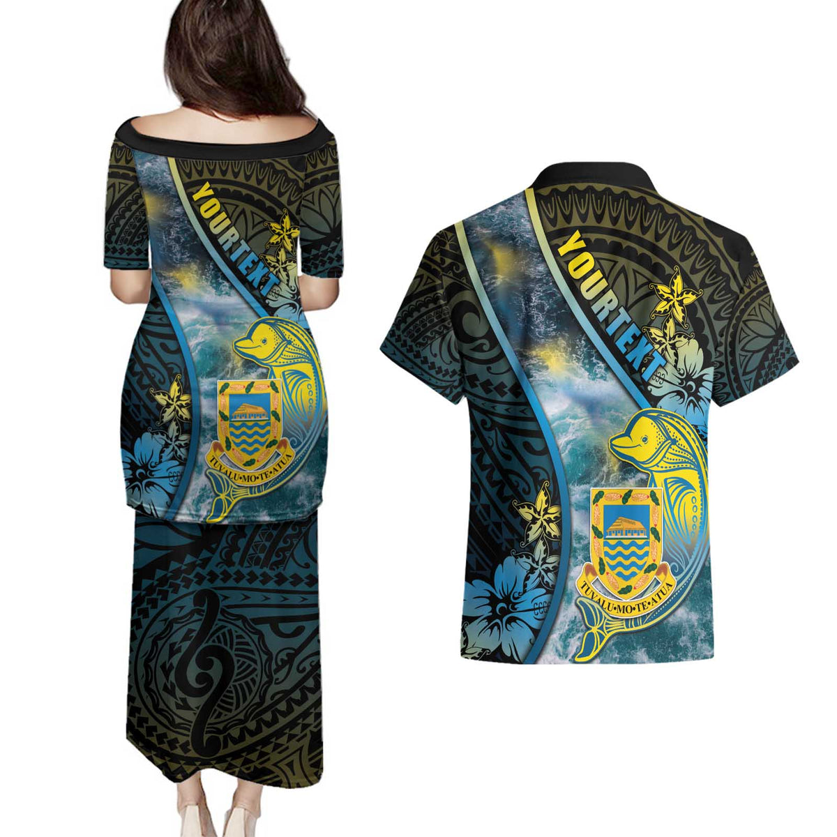 Personalised Tuvalu Couples Matching Puletasi and Hawaiian Shirt Dolphin On The Waves DT05 - Polynesian Pride