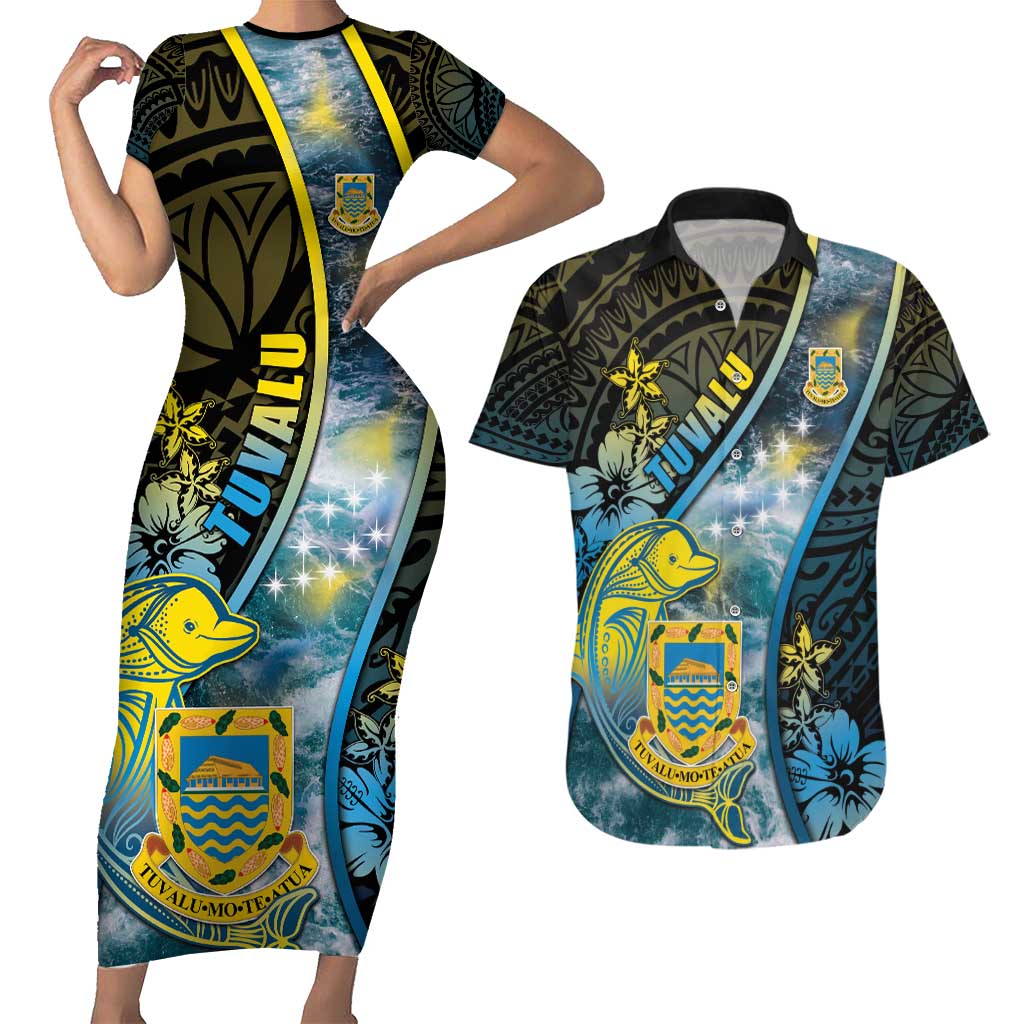 Personalised Tuvalu Couples Matching Short Sleeve Bodycon Dress and Hawaiian Shirt Dolphin On The Waves DT05 Blue - Polynesian Pride