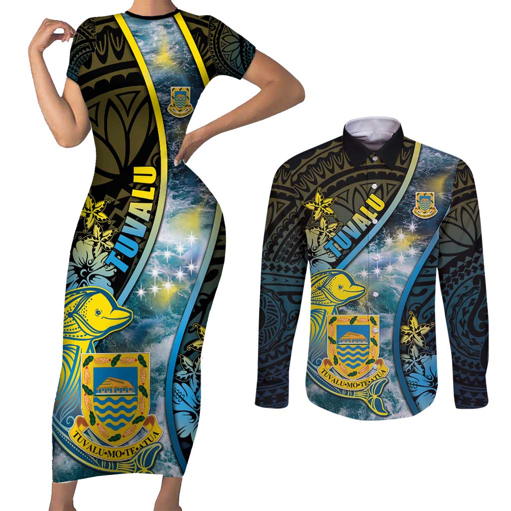 Personalised Tuvalu Couples Matching Short Sleeve Bodycon Dress and Long Sleeve Button Shirt Dolphin On The Waves DT05 Blue - Polynesian Pride