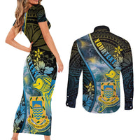 Personalised Tuvalu Couples Matching Short Sleeve Bodycon Dress and Long Sleeve Button Shirt Dolphin On The Waves DT05 - Polynesian Pride