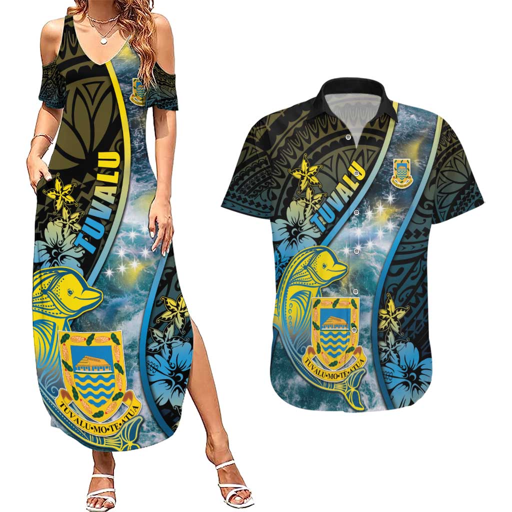 Personalised Tuvalu Couples Matching Summer Maxi Dress and Hawaiian Shirt Dolphin On The Waves DT05 Blue - Polynesian Pride