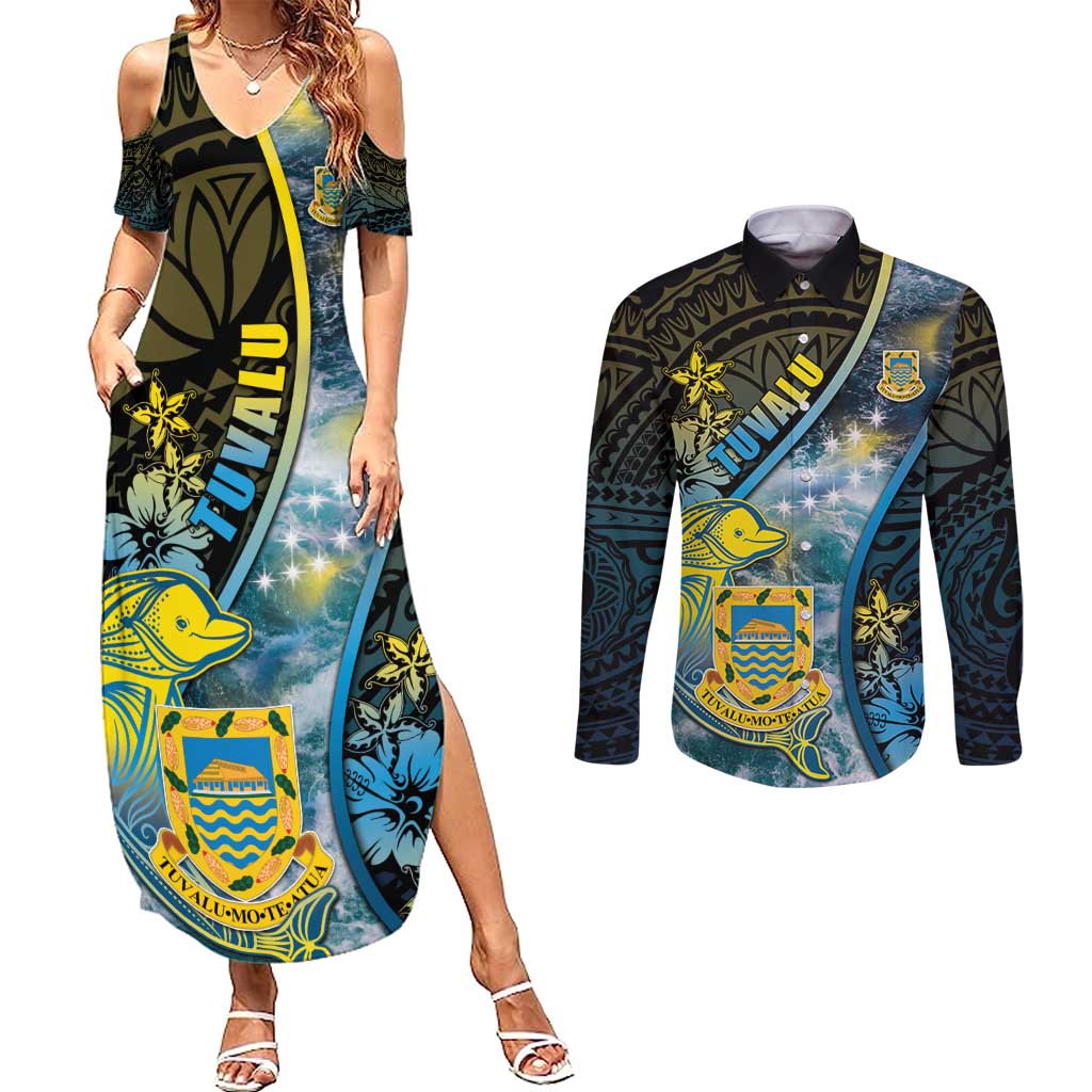 Personalised Tuvalu Couples Matching Summer Maxi Dress and Long Sleeve Button Shirt Dolphin On The Waves DT05 Blue - Polynesian Pride