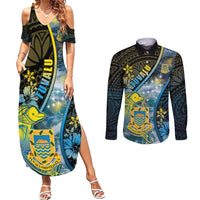 Personalised Tuvalu Couples Matching Summer Maxi Dress and Long Sleeve Button Shirt Dolphin On The Waves DT05 Blue - Polynesian Pride