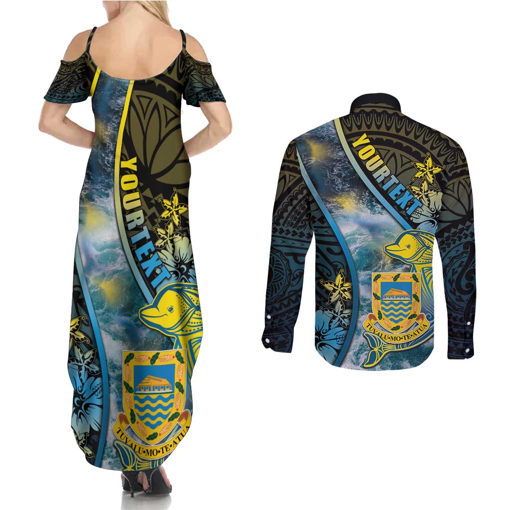 Personalised Tuvalu Couples Matching Summer Maxi Dress and Long Sleeve Button Shirt Dolphin On The Waves DT05 - Polynesian Pride