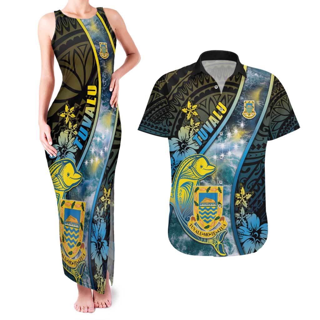 Personalised Tuvalu Couples Matching Tank Maxi Dress and Hawaiian Shirt Dolphin On The Waves DT05 Blue - Polynesian Pride