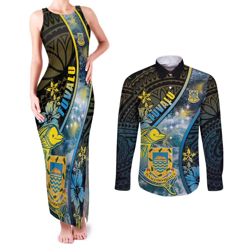 Personalised Tuvalu Couples Matching Tank Maxi Dress and Long Sleeve Button Shirt Dolphin On The Waves DT05 Blue - Polynesian Pride