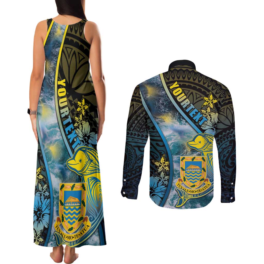 Personalised Tuvalu Couples Matching Tank Maxi Dress and Long Sleeve Button Shirt Dolphin On The Waves DT05 - Polynesian Pride