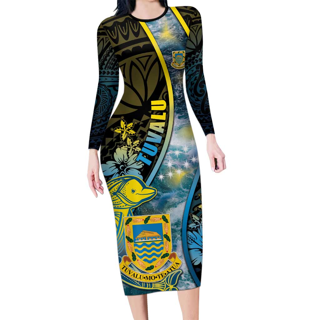 Personalised Tuvalu Family Matching Long Sleeve Bodycon Dress and Hawaiian Shirt Dolphin On The Waves