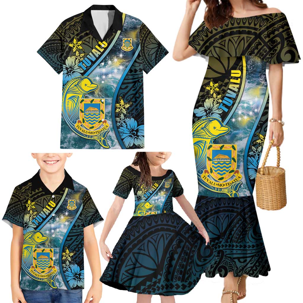 Personalised Tuvalu Family Matching Mermaid Dress and Hawaiian Shirt Dolphin On The Waves DT05 - Polynesian Pride