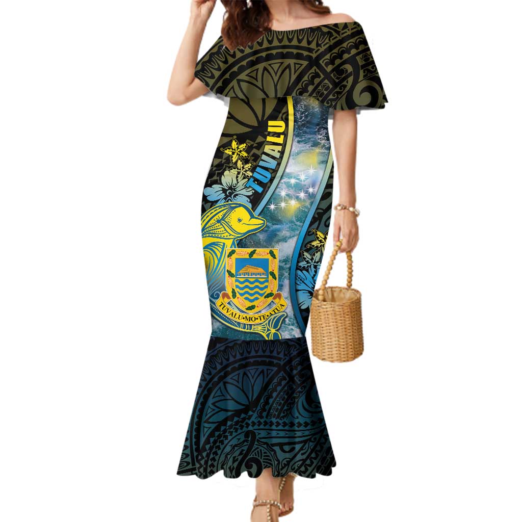 Personalised Tuvalu Family Matching Mermaid Dress and Hawaiian Shirt Dolphin On The Waves