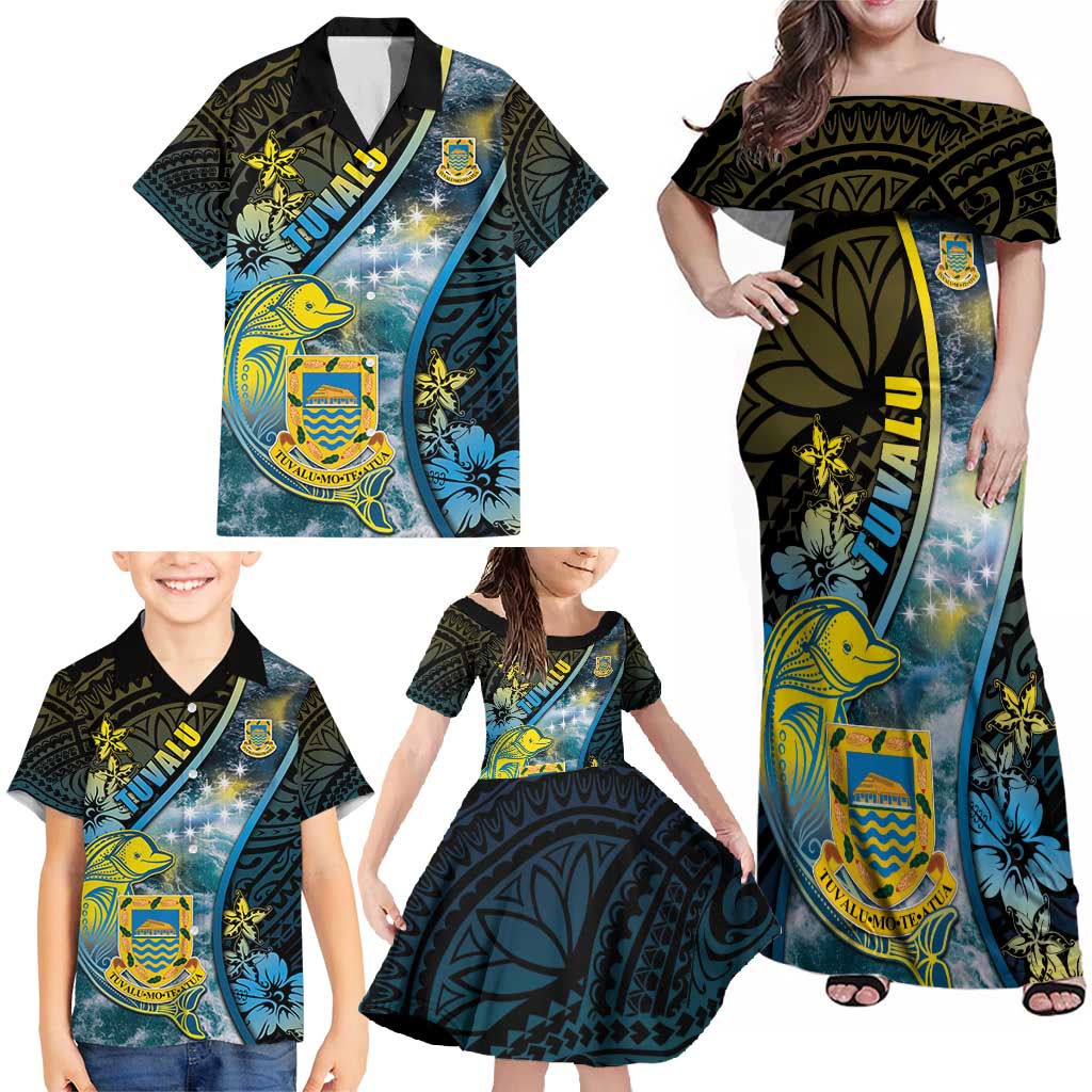 Personalised Tuvalu Family Matching Off Shoulder Maxi Dress and Hawaiian Shirt Dolphin On The Waves DT05 - Polynesian Pride