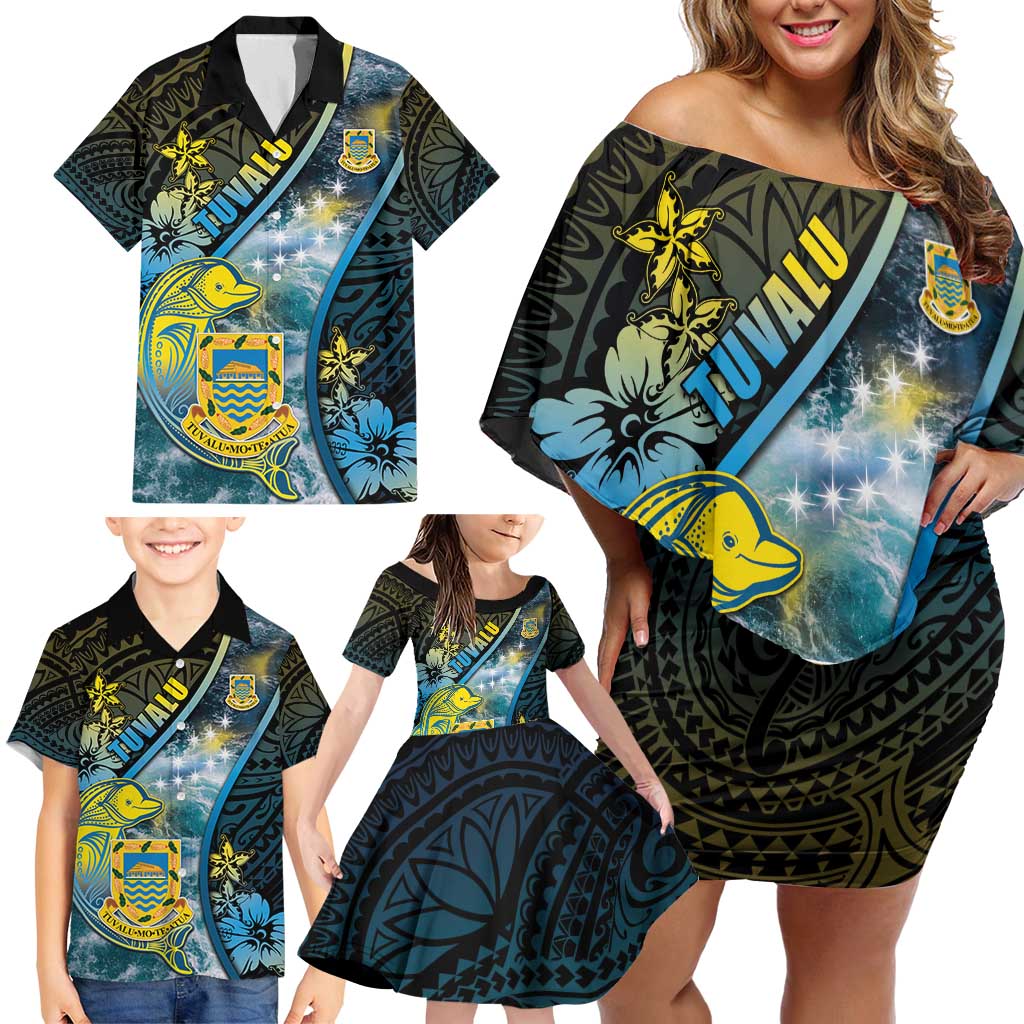 Personalised Tuvalu Family Matching Off Shoulder Short Dress and Hawaiian Shirt Dolphin On The Waves DT05 - Polynesian Pride