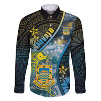 Personalised Tuvalu Family Matching Puletasi and Hawaiian Shirt Dolphin On The Waves DT05 Dad's Shirt - Long Sleeve Blue - Polynesian Pride