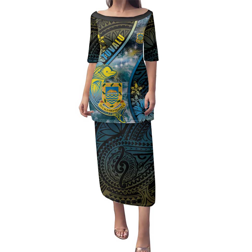 Personalised Tuvalu Family Matching Puletasi and Hawaiian Shirt Dolphin On The Waves DT05 Mom's Dress Blue - Polynesian Pride