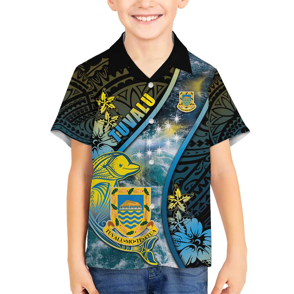 Personalised Tuvalu Family Matching Puletasi and Hawaiian Shirt Dolphin On The Waves DT05 Son's Shirt Blue - Polynesian Pride