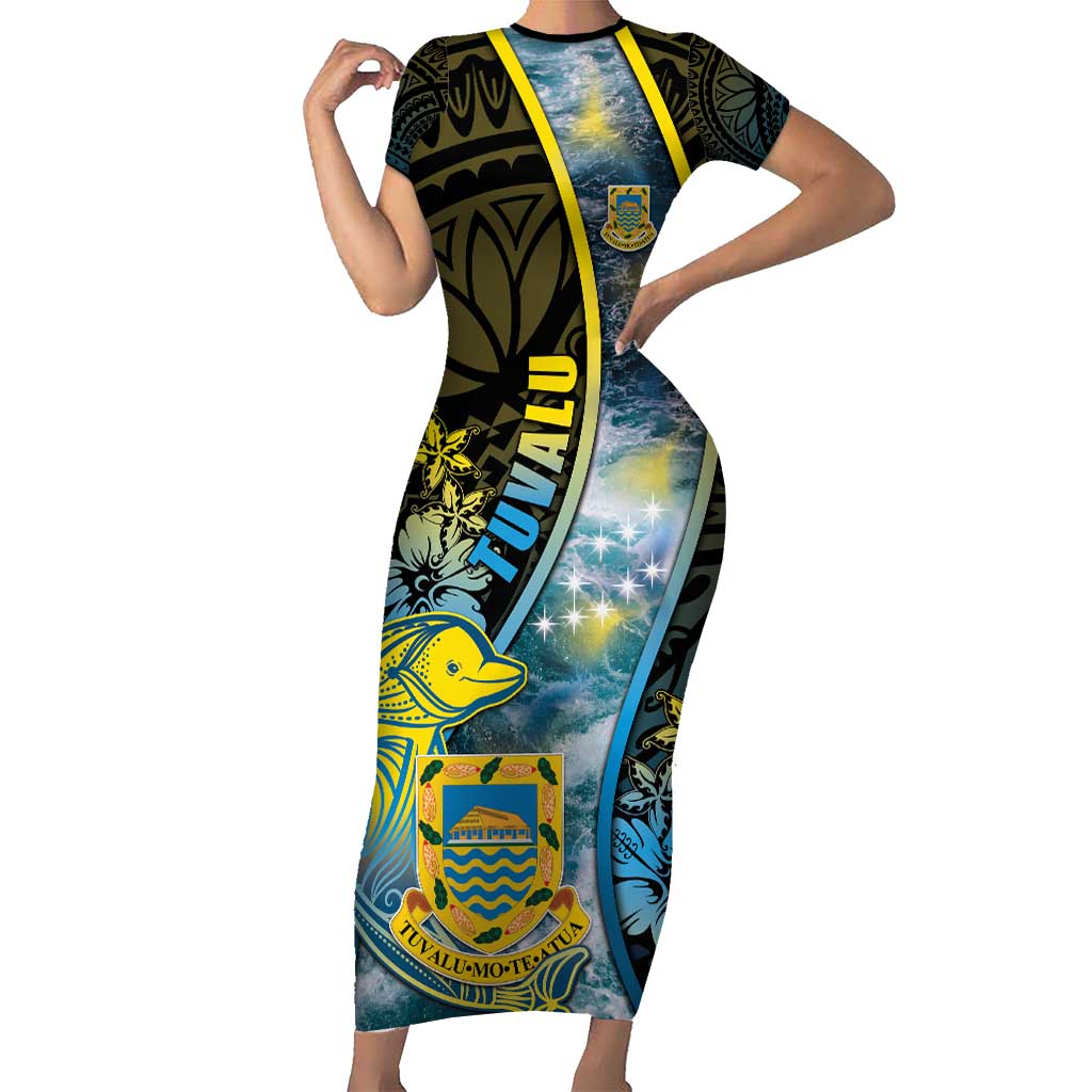 Personalised Tuvalu Family Matching Short Sleeve Bodycon Dress and Hawaiian Shirt Dolphin On The Waves DT05 Mom's Dress Blue - Polynesian Pride