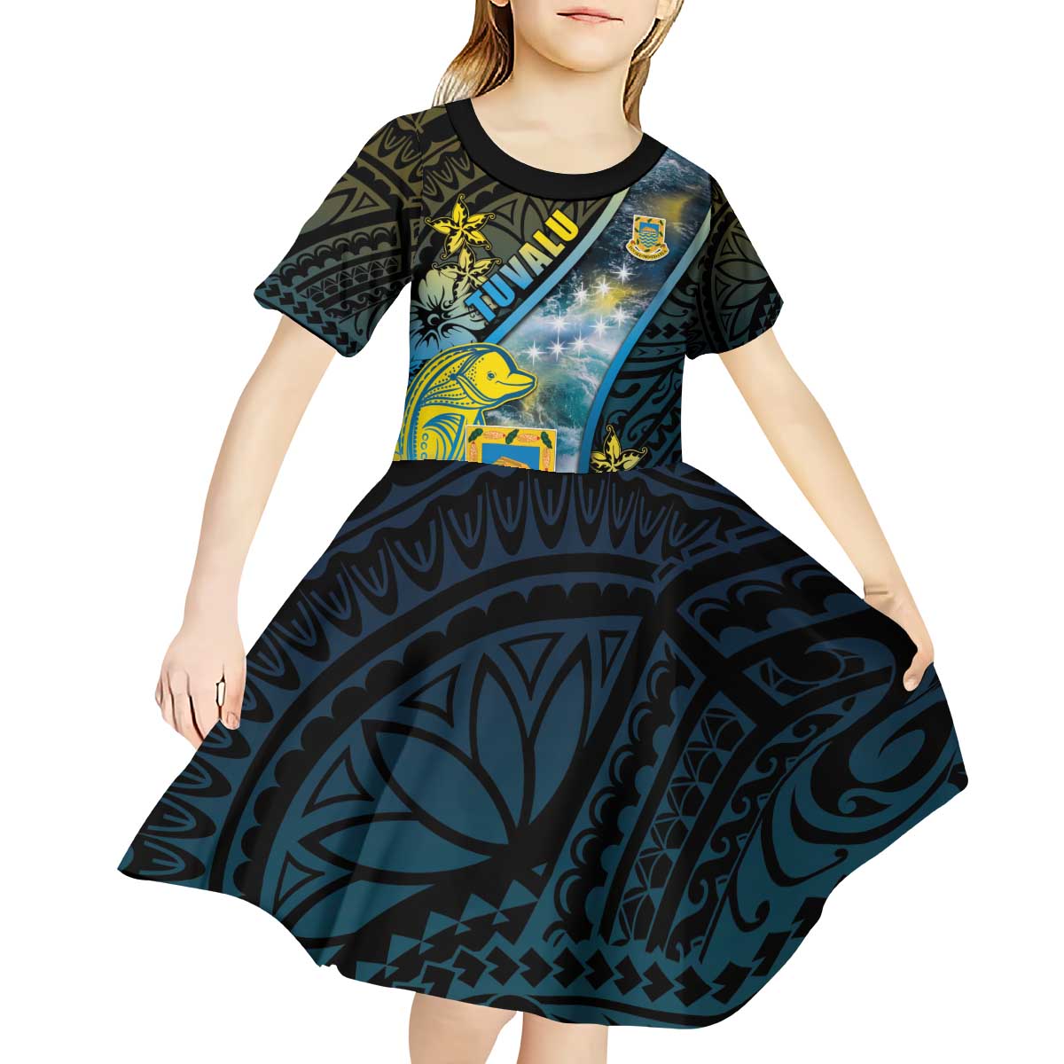 Personalised Tuvalu Kid Short Sleeve Dress Dolphin On The Waves