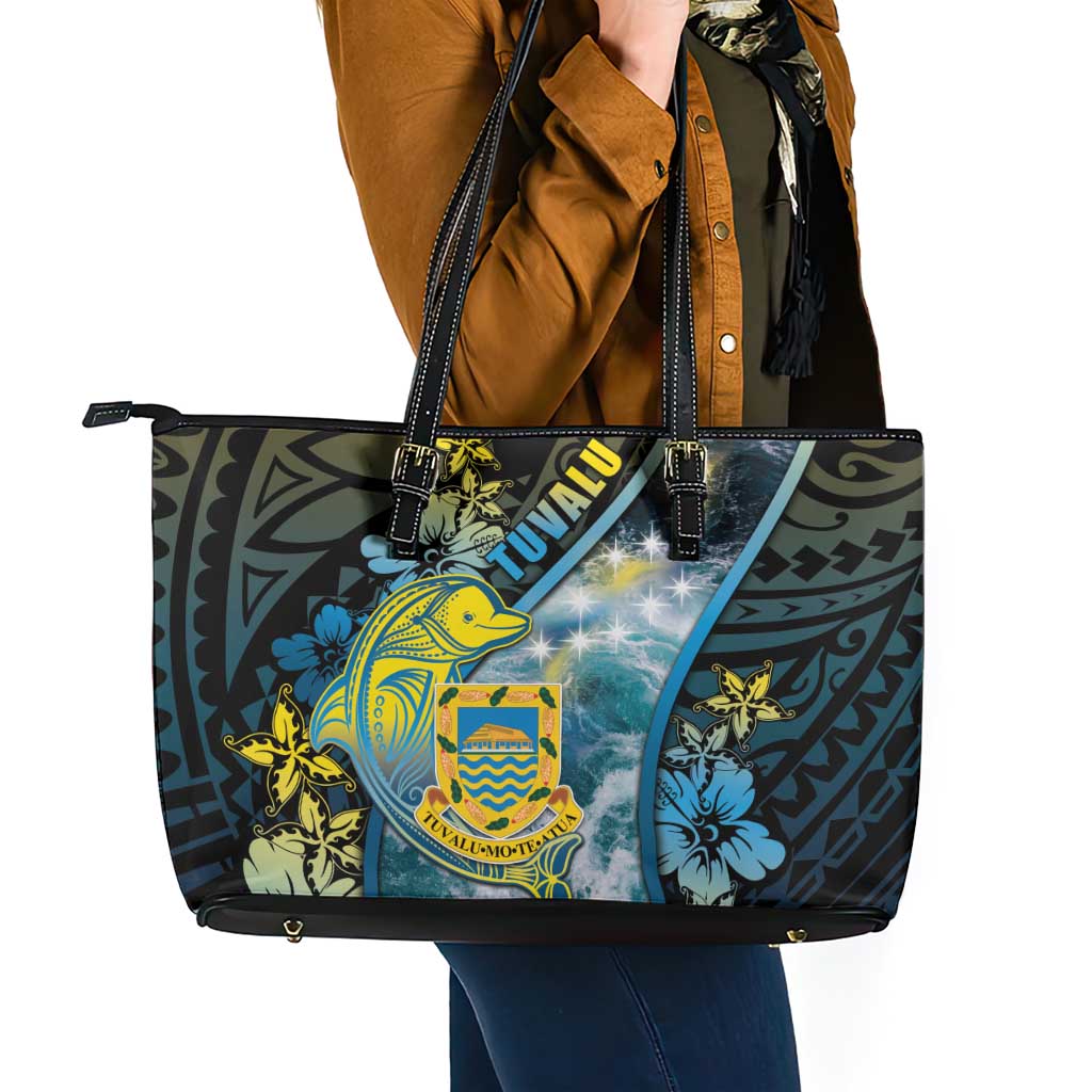 Tuvalu Leather Tote Bag Dolphin On The Waves
