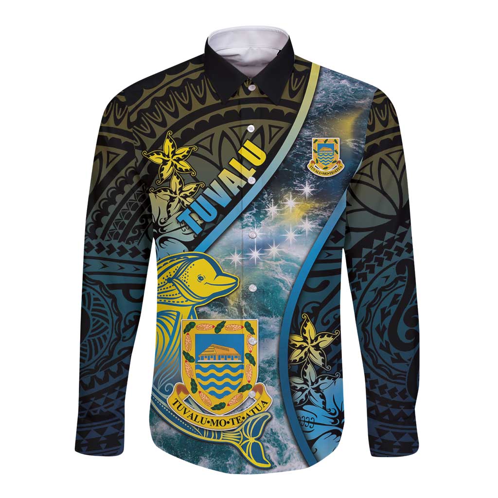 Personalised Tuvalu Long Sleeve Button Shirt Dolphin On The Waves DT05 Unisex Blue - Polynesian Pride