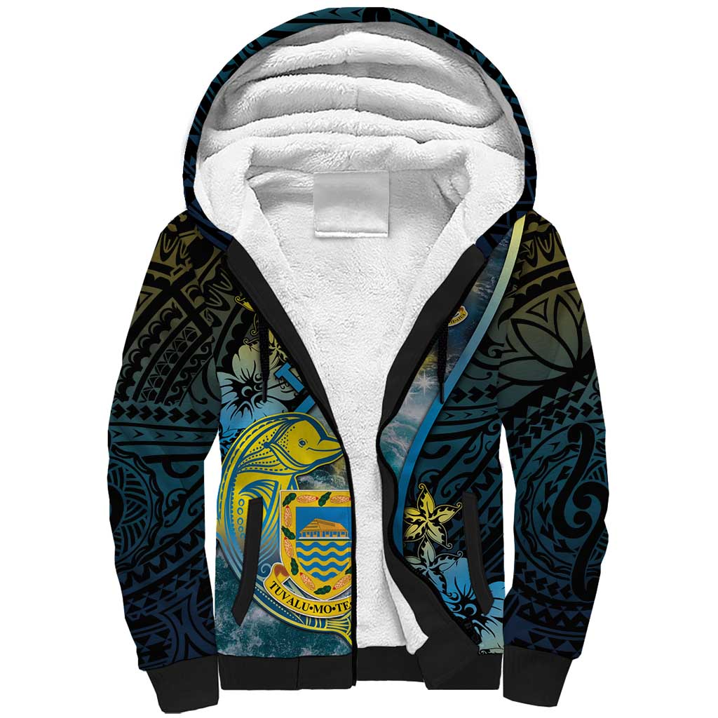 Personalised Tuvalu Sherpa Hoodie Dolphin On The Waves DT05 Unisex Blue - Polynesian Pride